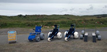 Sandcruiser wheelchair, Hippocampe wheelchairs, Nomad Desert platform lined up on Balmedie beach