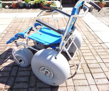 Sandcrusier outside in the sunshine on delivery to the Balmedie Beach Wheelchair project